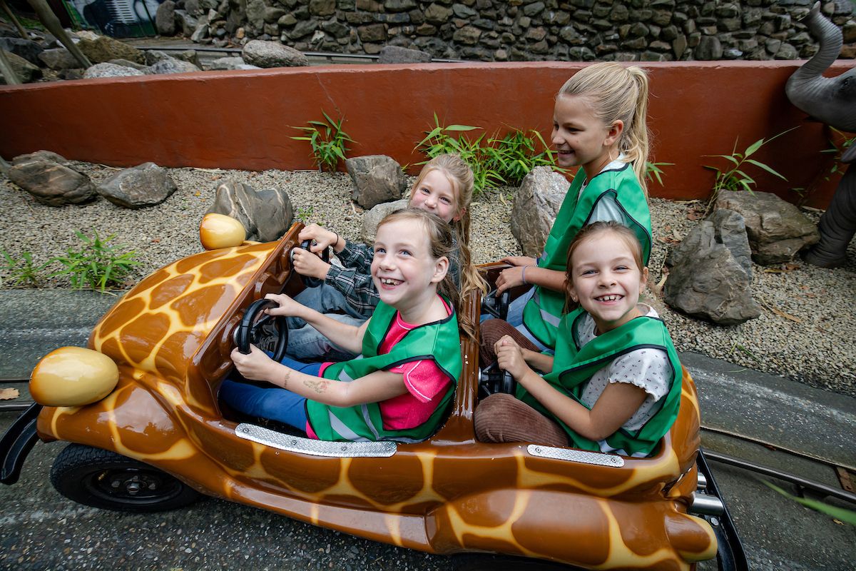 Lachende kinderen in een giraffenauto tijdens hun schoolreisje in de Julianatoren